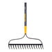 A 16-inch welded bow rake with a fiberglass handle and cushion end grip.
