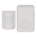A white rectangular wireless motion sensor with a white receiver.