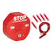 A red EXIT STOPPER alarm box with a red cover and white text on the front.