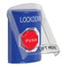 a red push button with white text