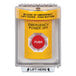 A close up of a yellow "Emergency Power Off" turn-to-reset button with white text on a yellow flush-mount cover.