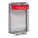 An STI Universal Stopper fire alarm cover with a red label over a clear box.