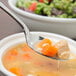 An Oneida Rosewood stainless steel oval bowl soup spoon in a bowl of soup.