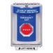 A blue "Emergency Exit" push button switch with a blue cover and white text.