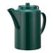 A forest green Service Ideas double wall plastic teapot with a tethered lid and handle.