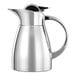 A silver stainless steel carafe with a handle.