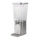 A stainless steel Service Ideas cold beverage dispenser with clear Tritan plastic walls and lid.