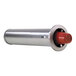A close-up of a stainless steel Dispense-Rite cup dispenser with red accents.