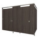 A brown wooden Hadrian bathroom stall partition with doors.