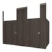 A 3D rendering of a Hadrian bathroom stall with four wood doors.
