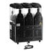 A triple 3-gallon pourover granita, slushy, or frozen beverage machine with a black base and clear containers.