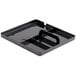 A black plastic coffee tray with two compartments and a handle.