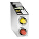 A stainless steel Dispense-Rite countertop cup dispenser with integrated straw, lid, and condiment organizers.
