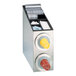 A silver stainless steel Dispense-Rite countertop cup dispenser with yellow plastic cups and a yellow lid.