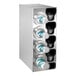 A silver metal Dispense-Rite countertop cup dispensing cabinet with built-in straw and lid organizers.