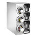 A stainless steel Dispense-Rite countertop cup dispenser with a white cup inside.