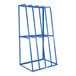 A blue Vestil steel storage rack with chains on it.