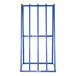 A blue metal Vestil storage rack with security chains.