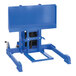 A blue hydraulic lift with a blue table attached to a blue Vestil machine.