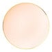 A white plastic round plate with a pink center and gold rim.
