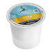 A white plastic container of Caribou Coffee Daybreak Morning Blend Single Serve Keurig K-Cup Pods with a blue and yellow label.