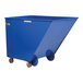 A blue steel tilt dump container with wheels.