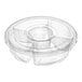 A clear plastic round platter with five compartments and a lid.