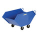 A blue cart with black wheels.