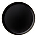 A close-up of a black Posh Setting Edge plastic plate with a gold rim.
