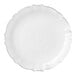 A white plastic plate with a silver rim.