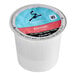 A white plastic container of Caribou Coffee Mahogany Blend K-Cup Pods with a blue and red label.