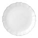 A white plastic plate with a silver rim.