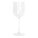 A close-up of a clear plastic Posh Setting wine goblet with a white stem.