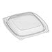 A clear plastic lid with a square shape on a white background.