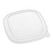 A clear square plastic take-out container lid.