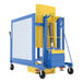 A blue and yellow Vestil electric hydraulic trash can dumper with a blue handle.