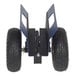 A close-up of a blue and black piece of machinery with two black tires.