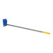 A Vestil blue and yellow steel carriage-mounted carpet pole.