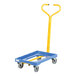 A blue and yellow Vestil polyethylene dolly with wheels and a handle.
