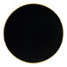 A close up of a black Posh Setting plastic plate with a gold rim.