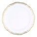 A white plastic plate with gold bands around the edge.