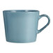 A close-up of a Libbey blue porcelain cup with a handle.