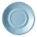 A white plate with a blue hen and black border.