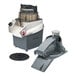 A grey Centerline by Hobart food processor with a white lid on a stainless steel bowl.