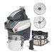 A silver Centerline by Hobart food processor with circular blades and a bowl with holes.