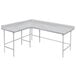 An Advance Tabco stainless steel L-shaped commercial work table with two legs.