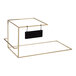 A gold metal Rosseto SkyRize trio display stand with a black hanging sign.
