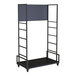 A black metal display cart frame with shelves on wheels.