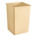 A beige plastic square Lavex trash can with a lid.