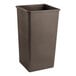 A brown square Lavex plastic trash can with a lid.